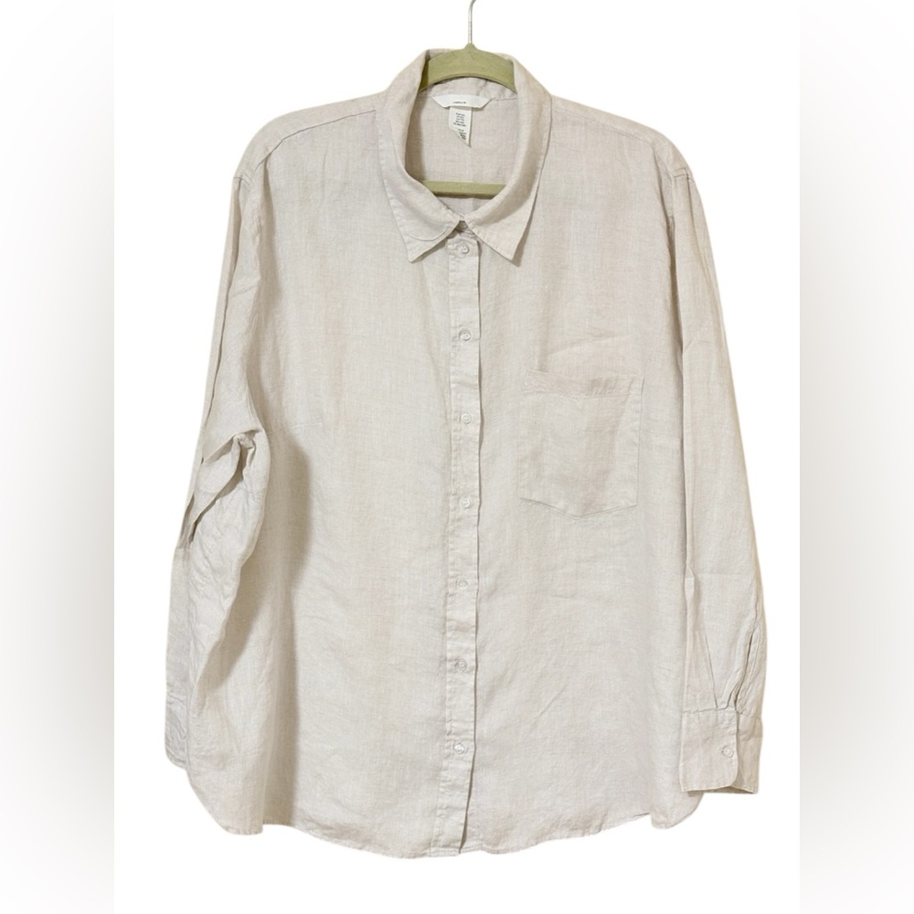 H&M Women Linen Shirt XXL Oatmeal Cream Buttons Up Long Sleeve Pocket